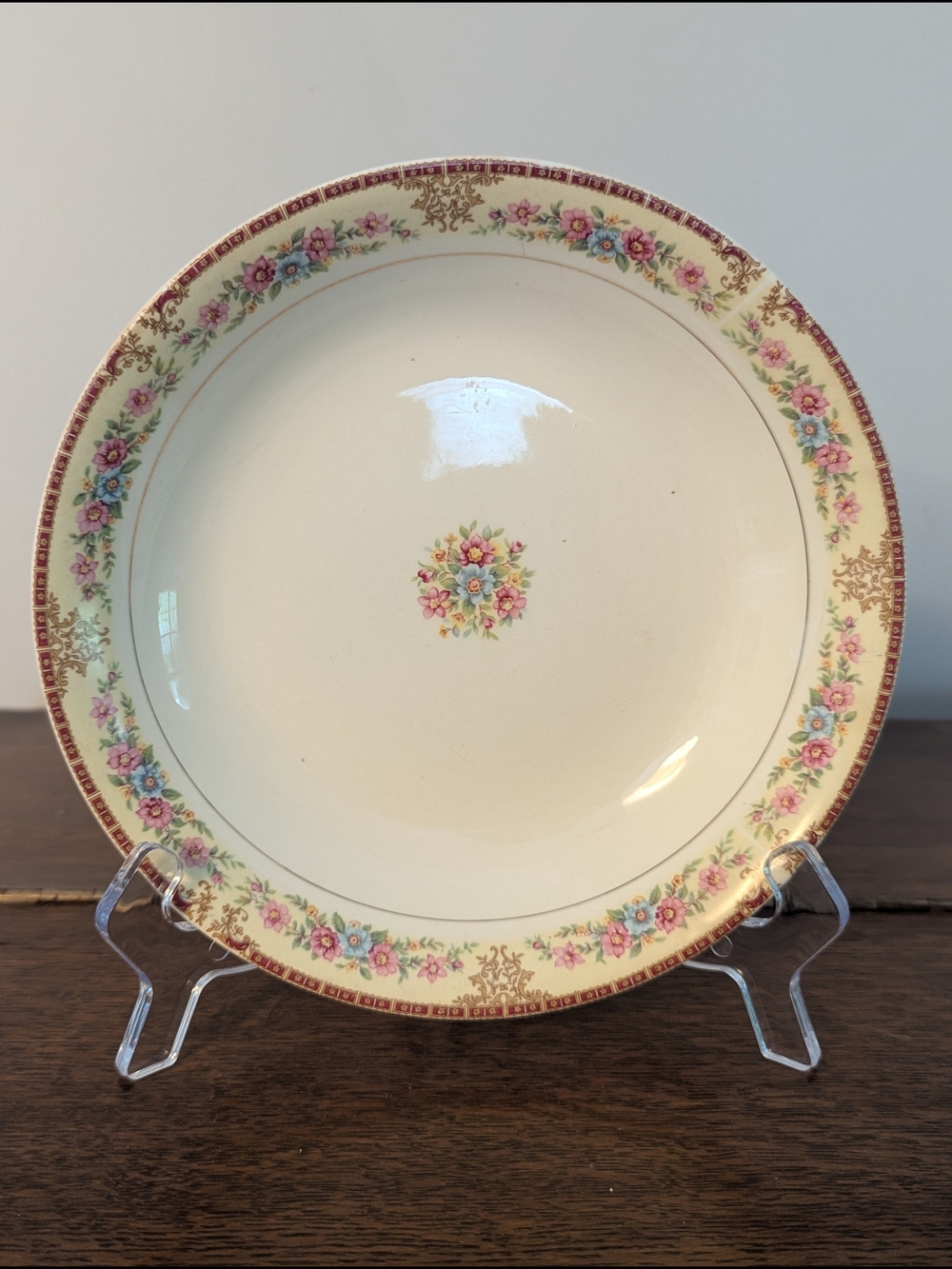 Antique Bowl Cream Pink & Blue Garlands Gold Fillagree